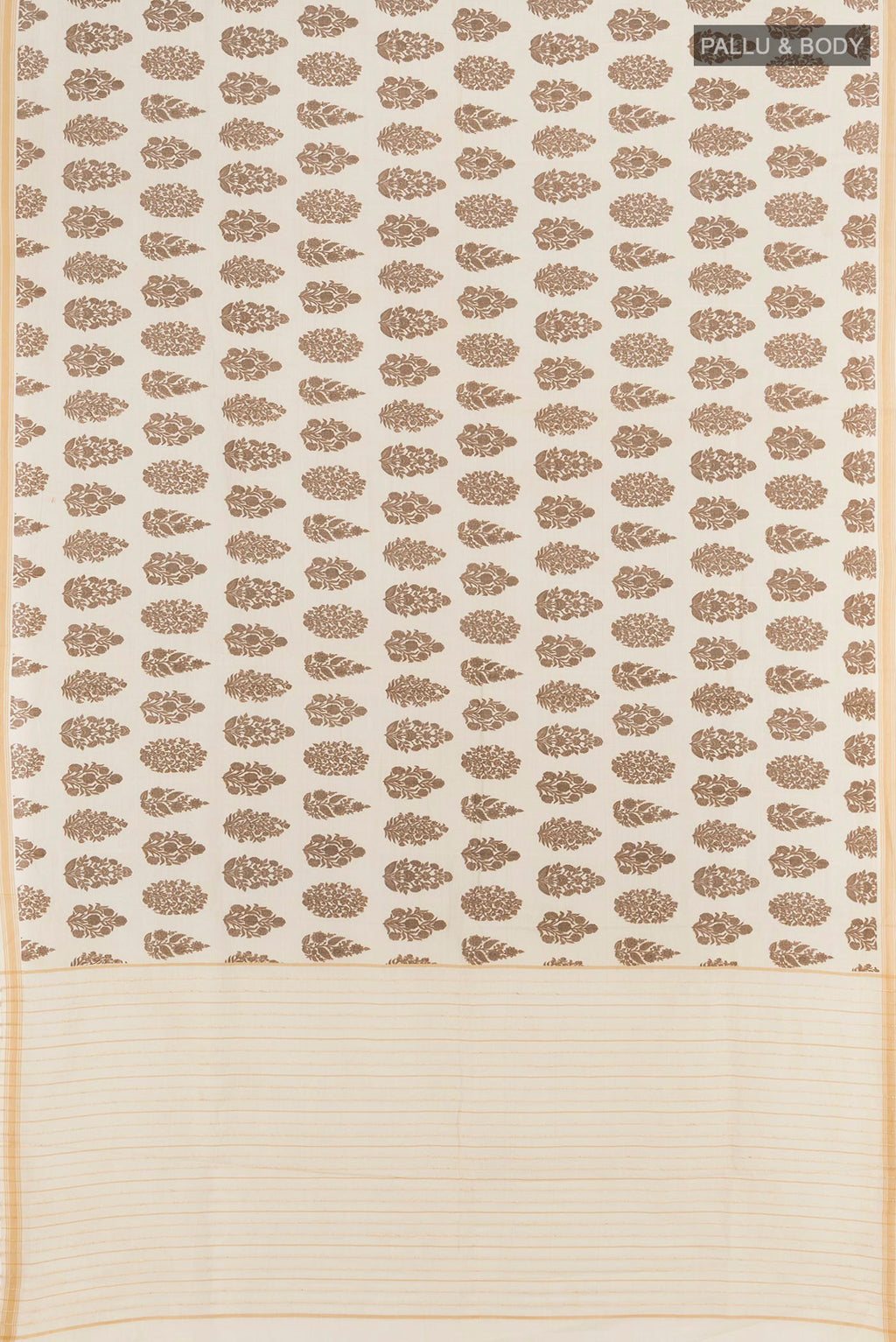 Flat view of Beige Tussar Silk Saree with Floral Print on the body and Plain Border. 