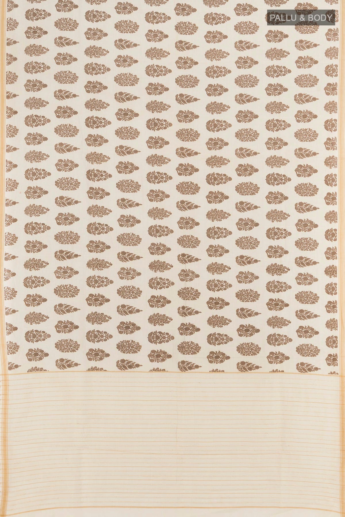 Flat view of Beige Tussar Silk Saree with Floral Print on the body and Plain Border. 