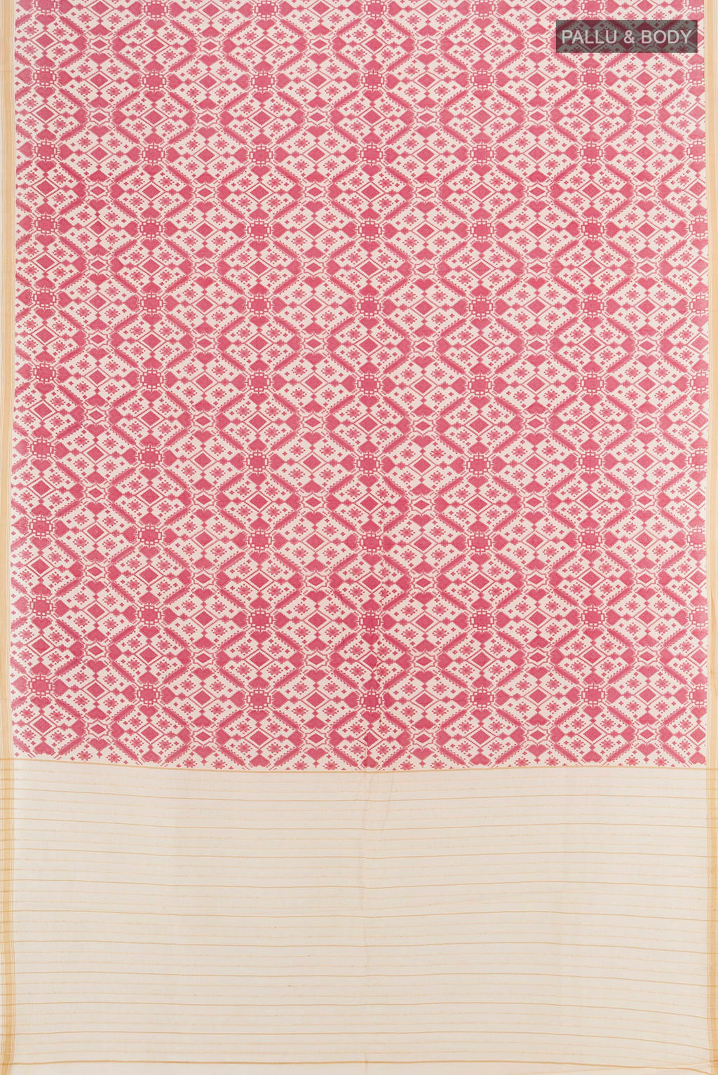 Flat view of Pink Tussar Silk Saree with Floral Print on the body and Plain Border. 
