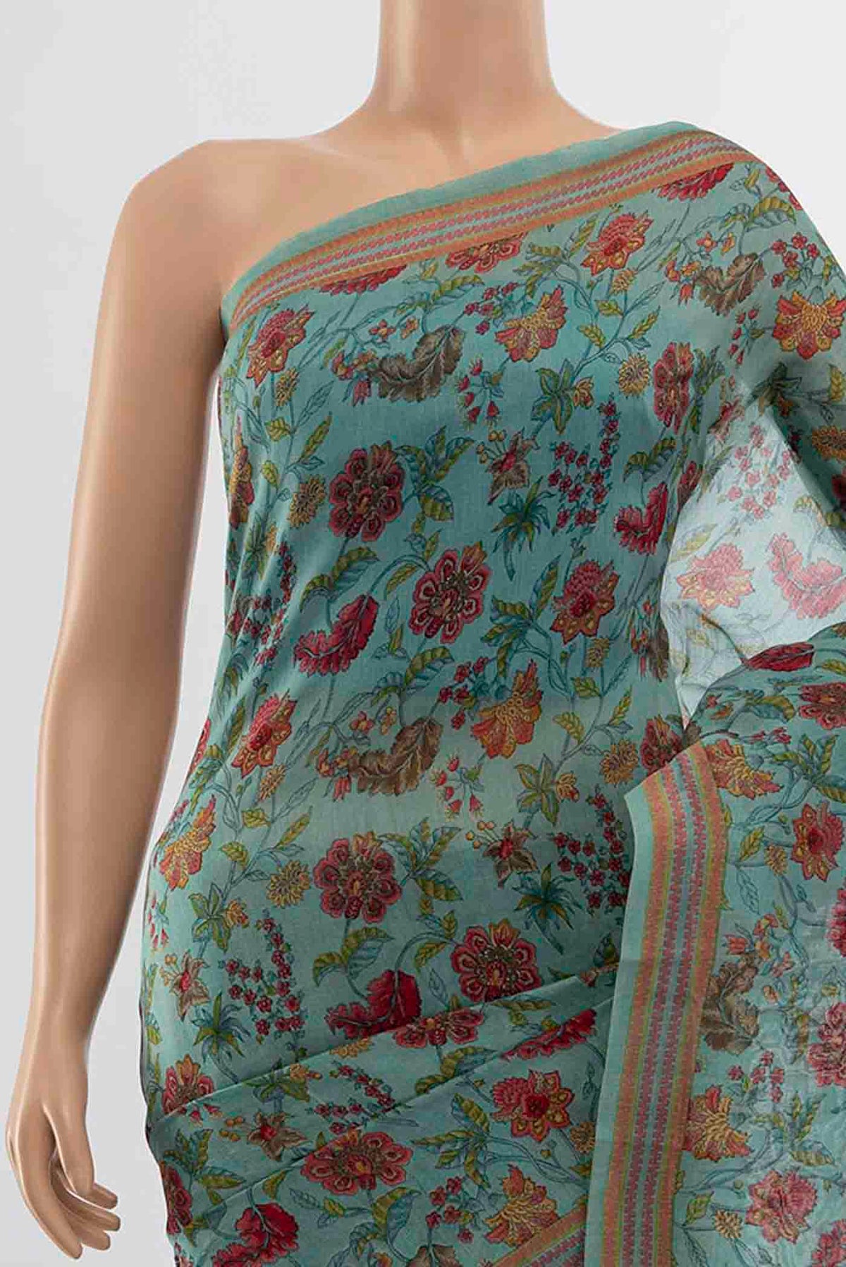 Border image of Blue Chanderi Silk Cotton Saree with Floral Print on the body and Thread Border