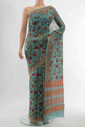 Blue Chanderi Silk Cotton Saree with Floral Print on the body and Thread Border displayed on a mannequin