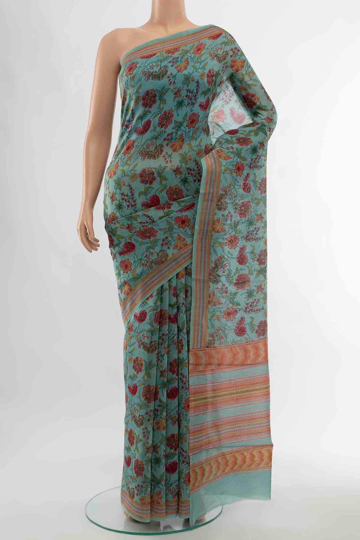 Blue Chanderi Silk Cotton Saree with Floral Print on the body and Thread Border displayed on a mannequin