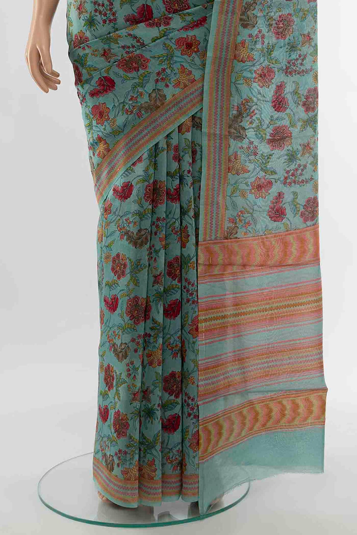 Pleats and pallu of Blue Chanderi Silk Cotton Saree with Floral Print on the body and Thread Border