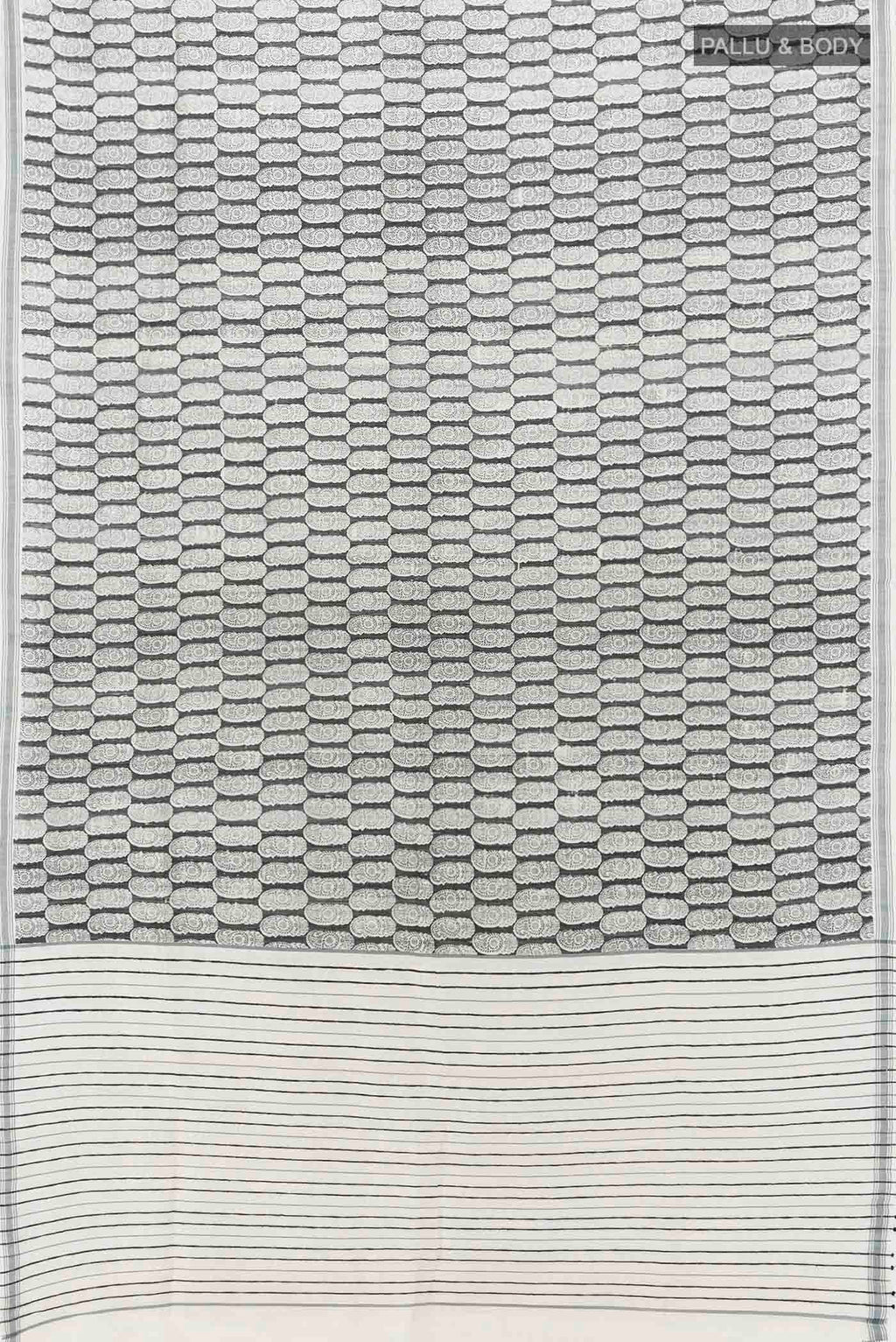 Flat view of Black Tussar Silk Saree with Zari Butta on the body and Silk Border