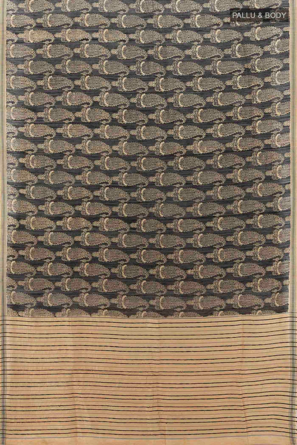 Flat view of Black Tussar Silk Saree with Thread Butta on the body and Thread Border