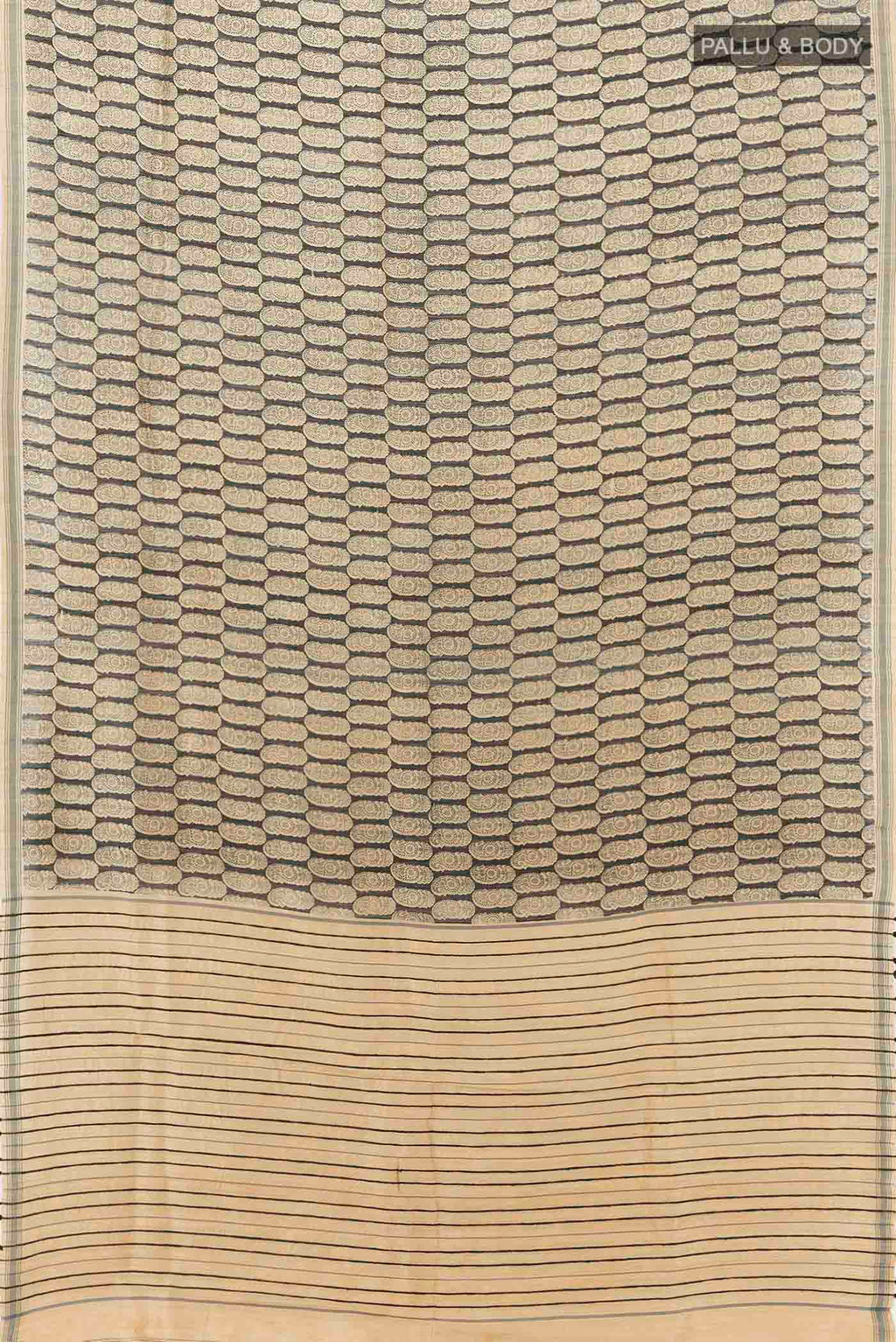 Flat view of Black Tussar Silk Saree with Zari Butta on the body and Silk Border