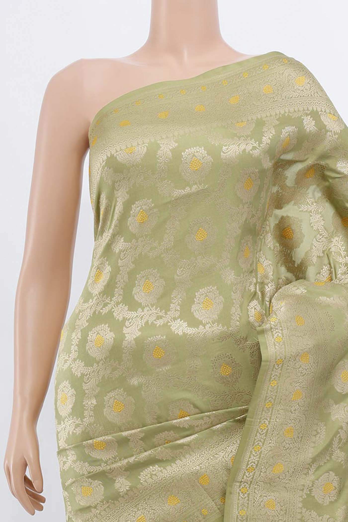 Border image of Pista Green Banarasi Silk Saree with Zari Brocade on the body and Silk Border. 