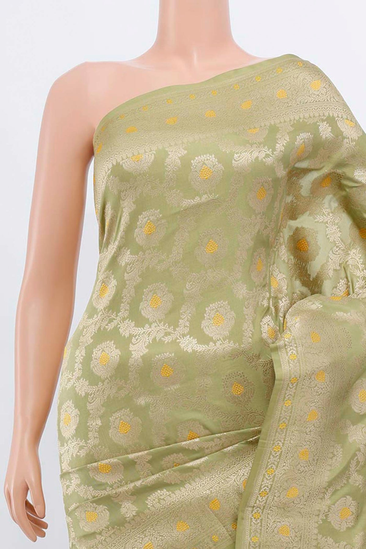 Border image of Pista Green Banarasi Silk Saree with Zari Brocade on the body and Silk Border. 