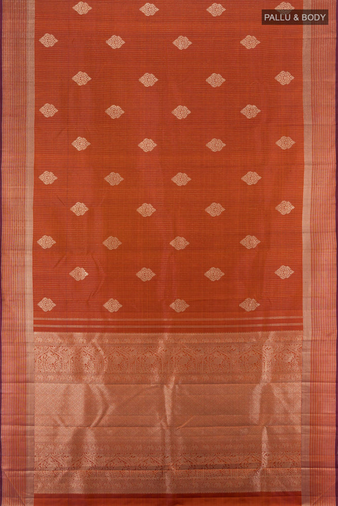 Flat view of Bronze Kanjivaram Silk Saree with Zari Butta on the body and Silk Border. 