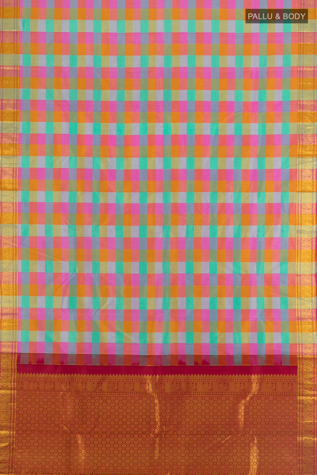 Flat view of Pure Silk Pure Zari Multi Color Kanchipuram Saree with Checked design on the body and Silk Border. 