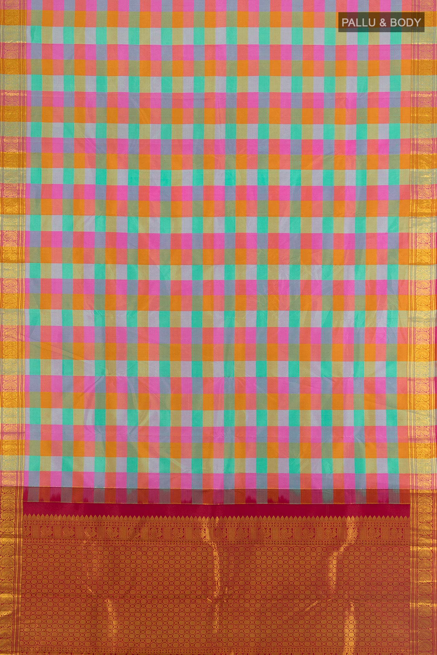 Flat view of Pure Silk Pure Zari Multi Color Kanchipuram Saree with Checked design on the body and Silk Border. 