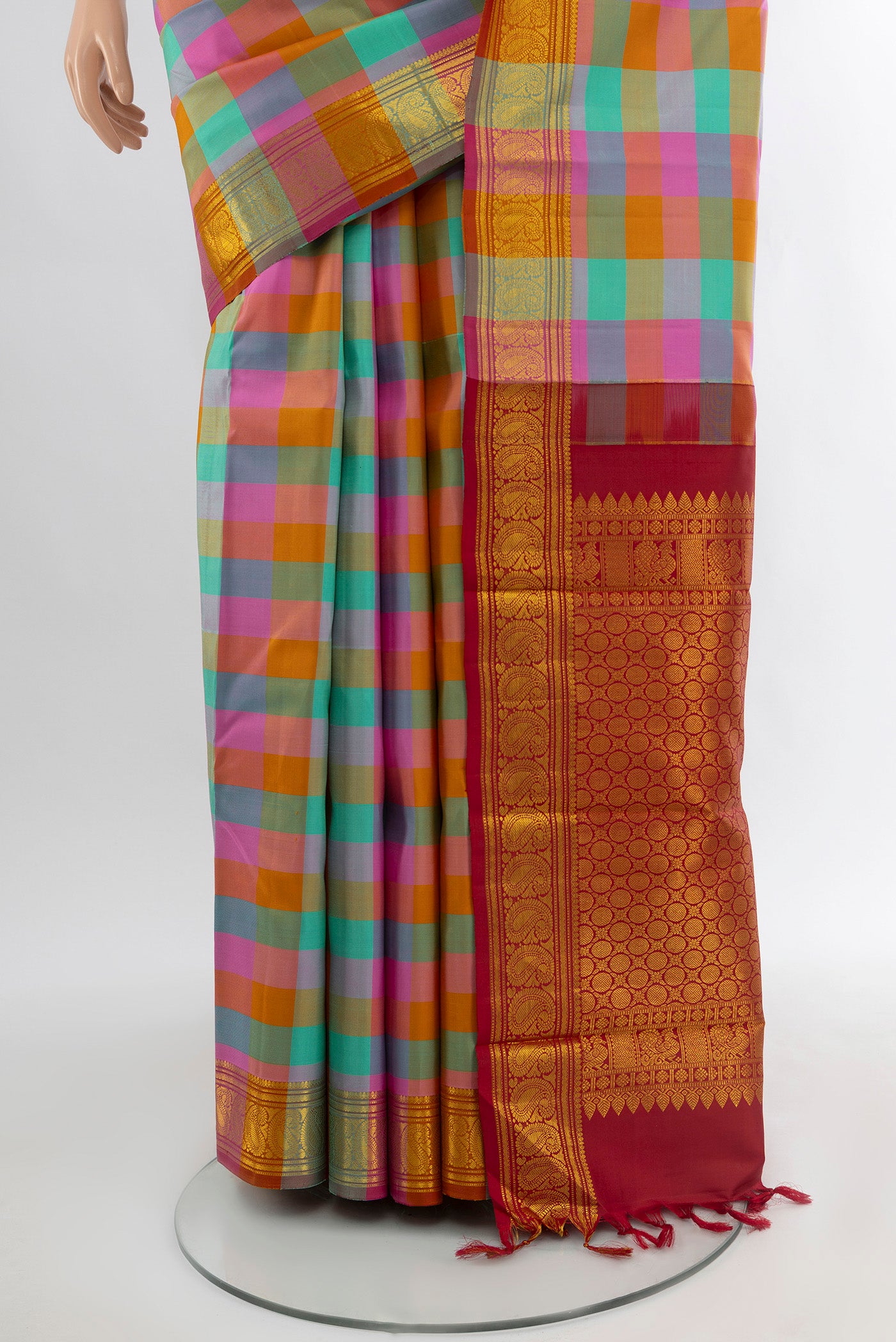 Pleats and pallu of Pure Silk Pure Zari Multi Color Kanchipuram Saree with Checked design on the body and Silk Border. 