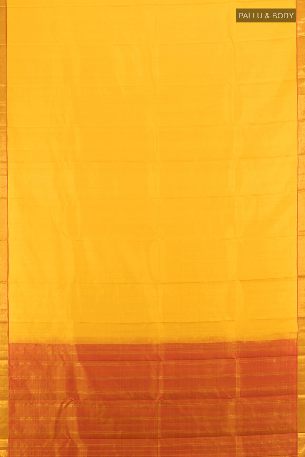 Flat view of Pure Silk Pure Zari Yellow Kanjivaram Saree with Plain Body and Silk Border. 