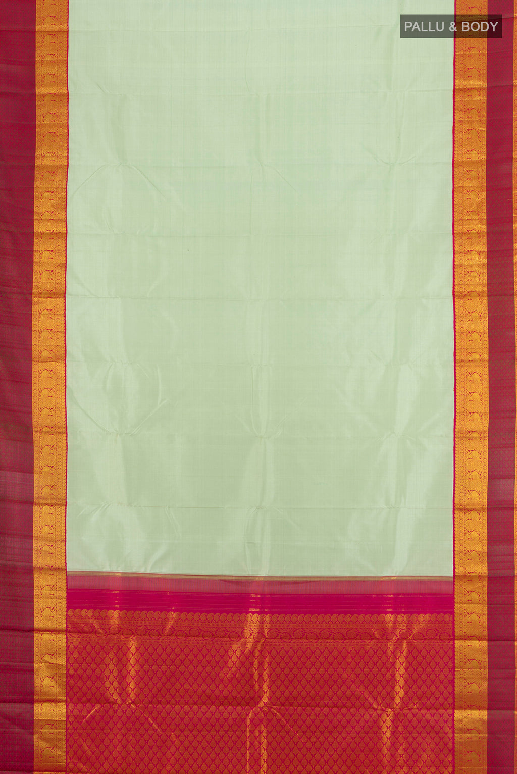 Flat view of Pista Green Kanjivaram Silk Saree with Plain Body and Zari Border. 