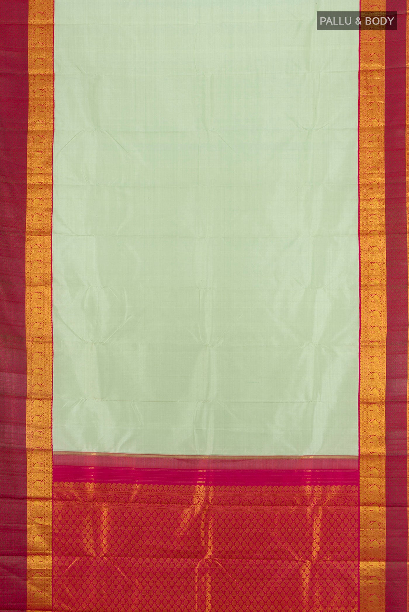 Flat view of Pista Green Kanjivaram Silk Saree with Plain Body and Zari Border. 
