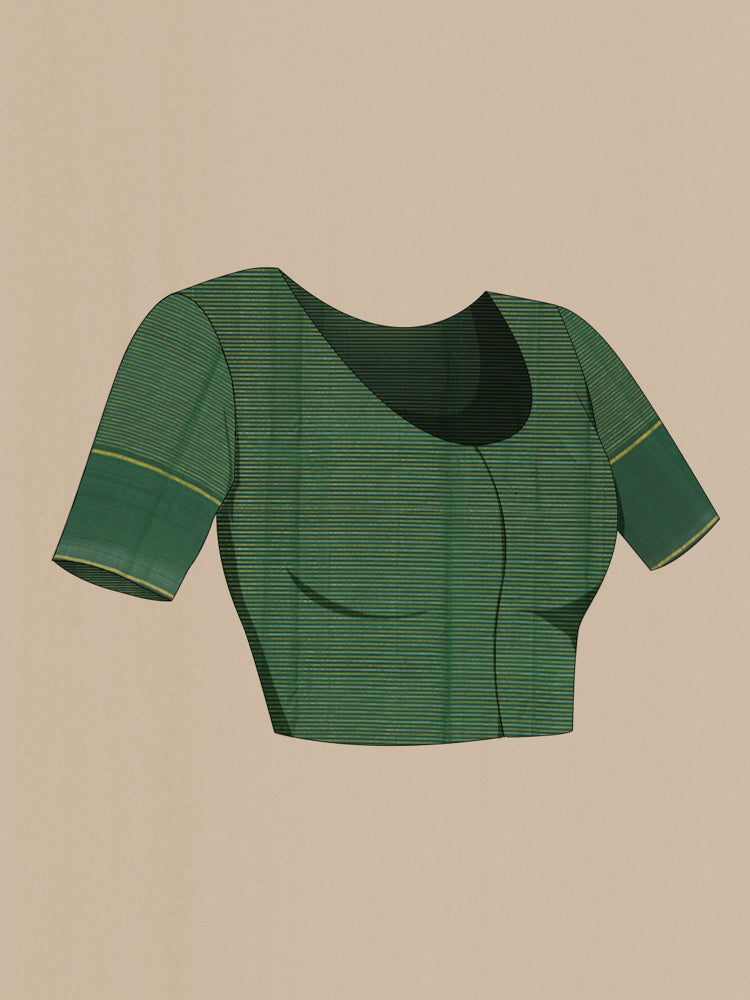 Close up image of the blouse of Bottle Green Kanchipuram Silk Saree with Zari Butta on the body and Silk Border. 