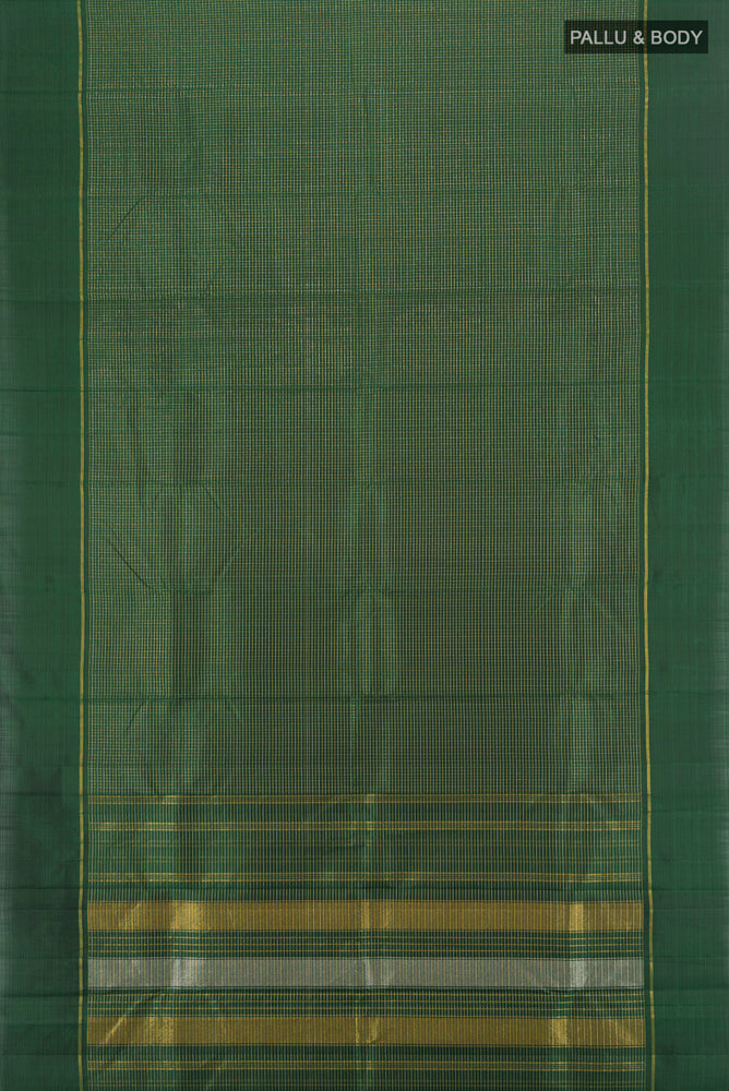 Flat view of Bottle Green Kanchipuram Silk Saree with Zari Butta on the body and Silk Border. 