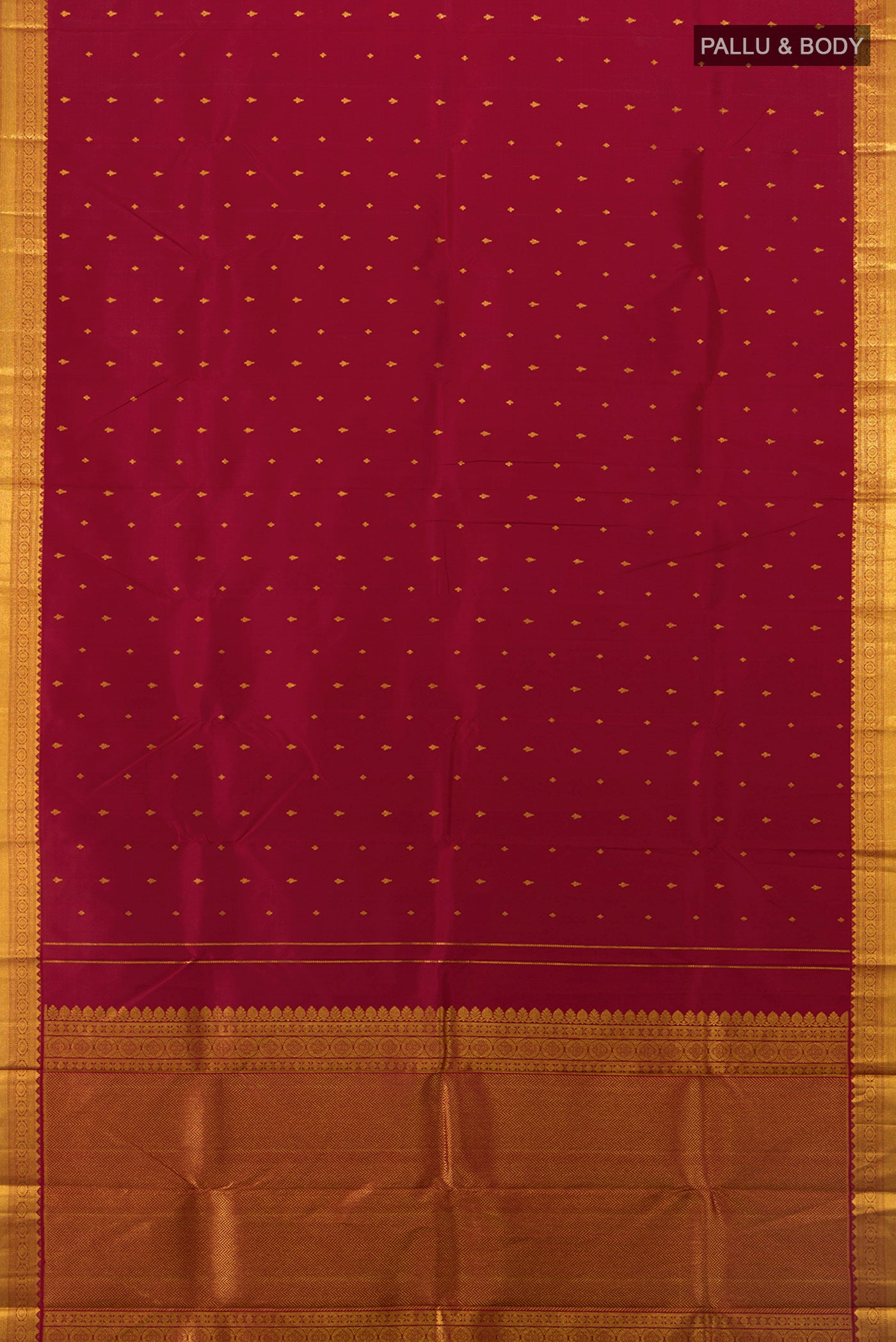 Flat view of Pure Silk Pure Zari Maroon Kanchipuram Saree with Zari Butta on the body and Silk Border. 