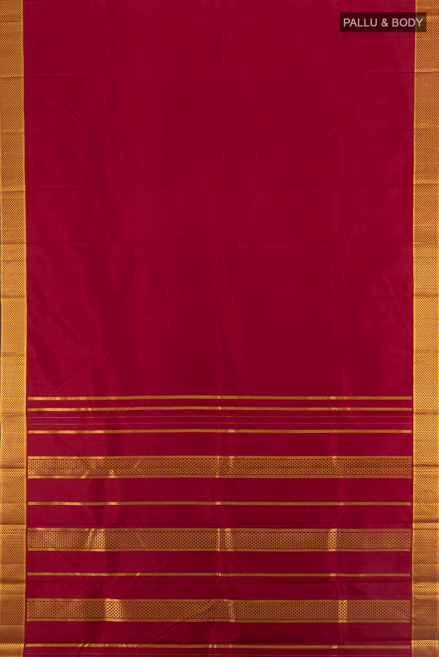 Flat view of Maroon Kanchipuram Silk Saree with Plain Body and Silk Border. 