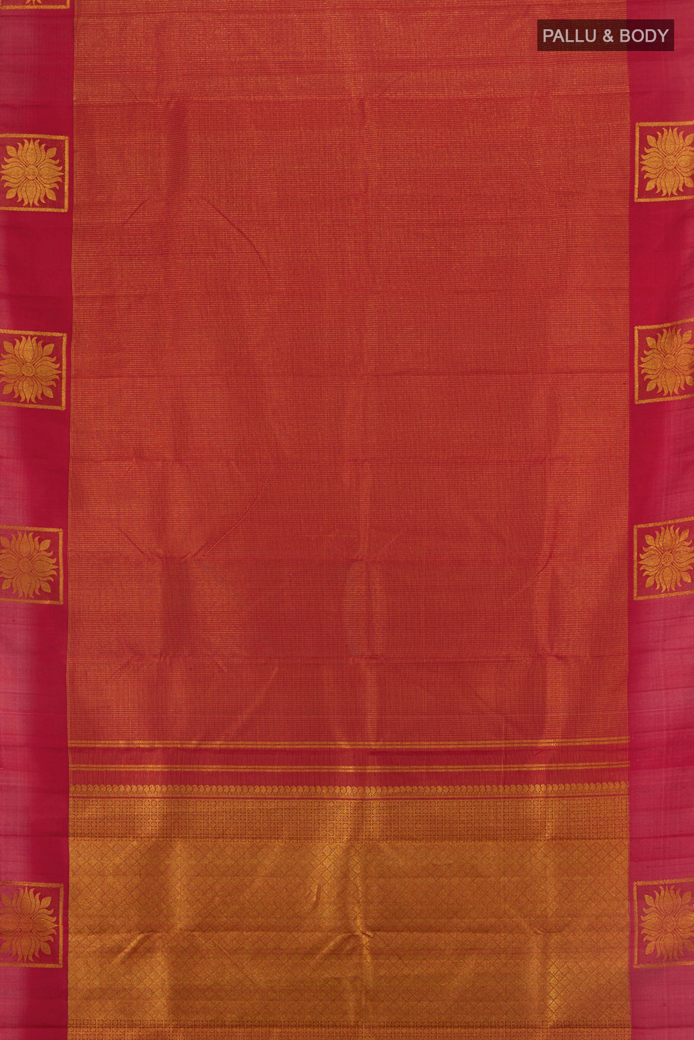 Flat view of Maroon Kanjivaram Silk Saree with Checked design on the body and Fancy Border. 