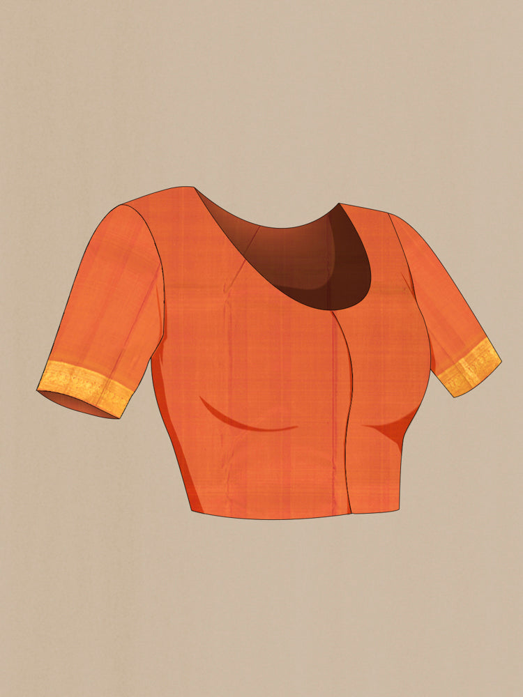 Close up image of the blouse of Red Kanchipuram Silk Saree with Zari Butta on the body and Silk Border. 