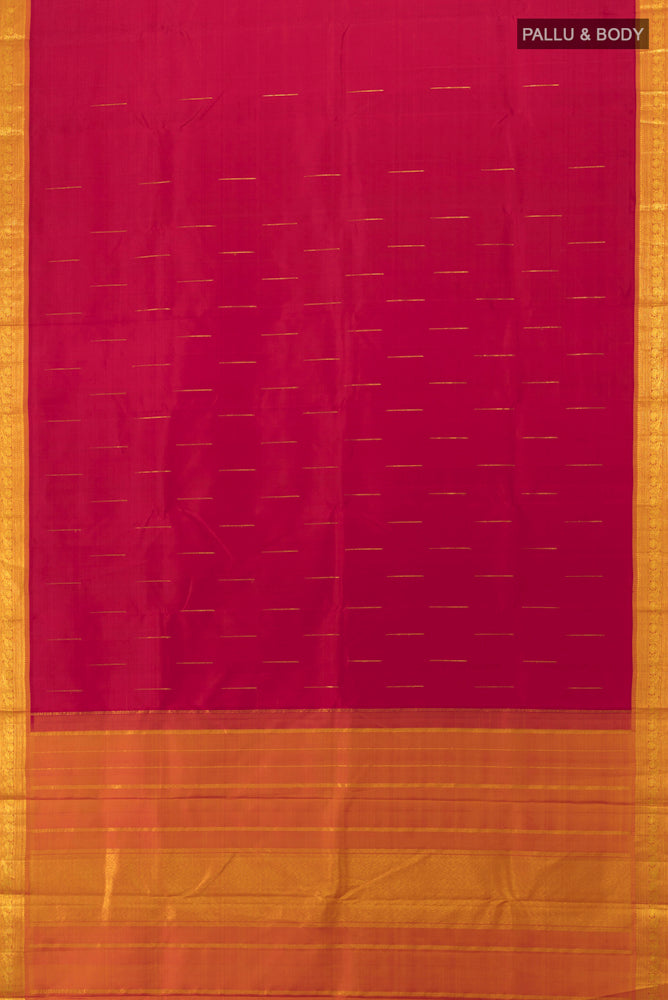 Flat view of Red Kanchipuram Silk Saree with Zari Butta on the body and Silk Border. 