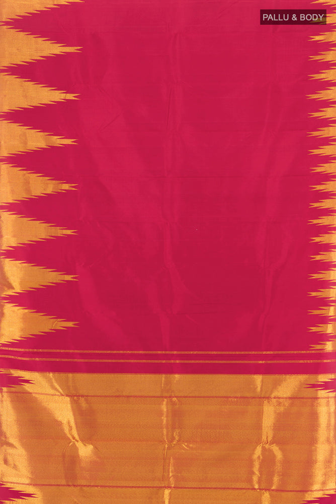 Flat view of Pure Silk Pure Zari Maroon Kanjivaram Saree with Zari Butta on the body and Silk Border. 