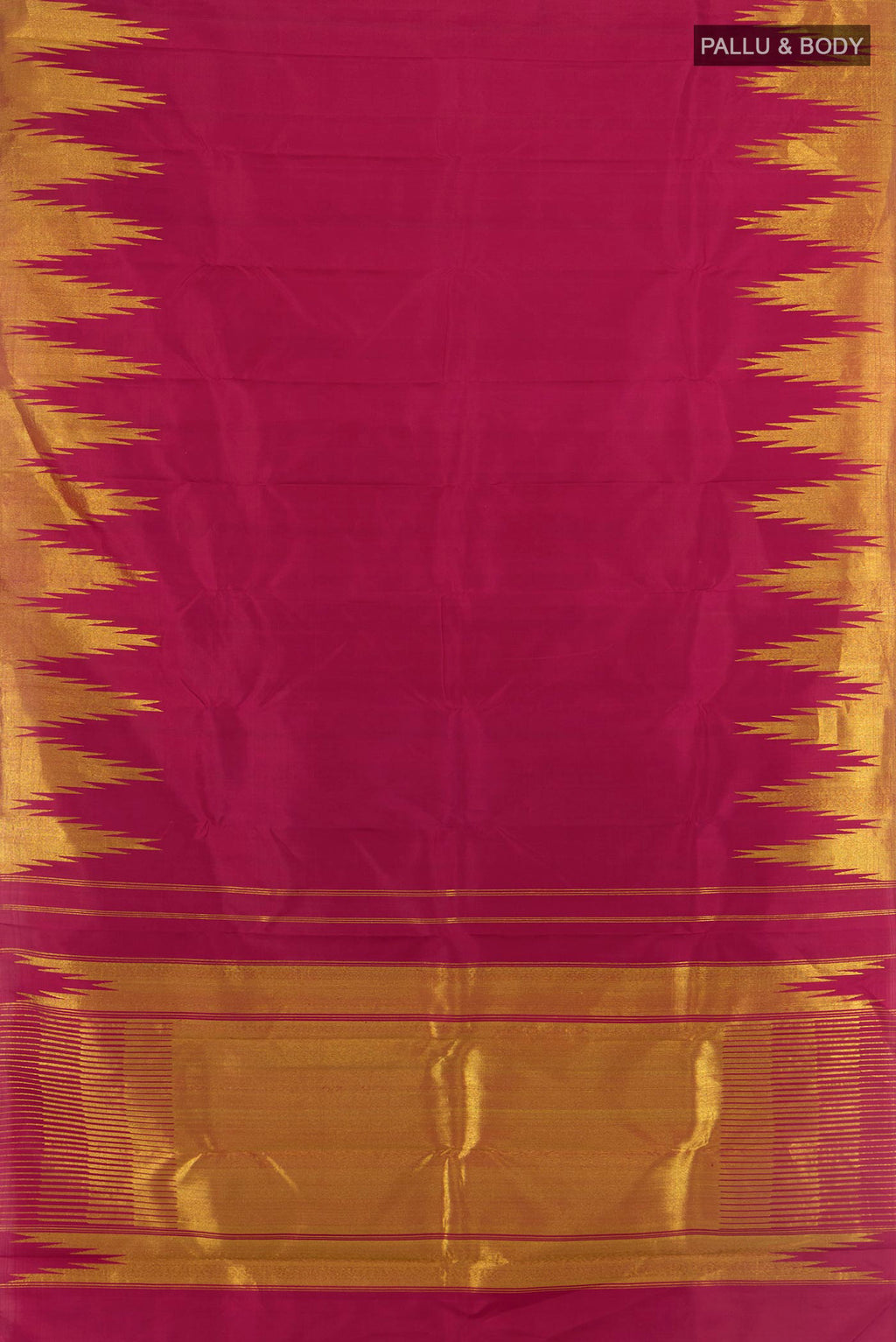 Flat view of Pure Silk Maroon Kanjivaram Saree with Plain Body and Temple Border. 