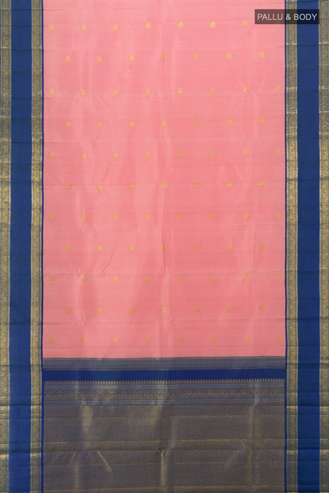 Flat view of Rose pink Kanchipuram Silk Saree with Zari Butta on the body and Silk Border. 