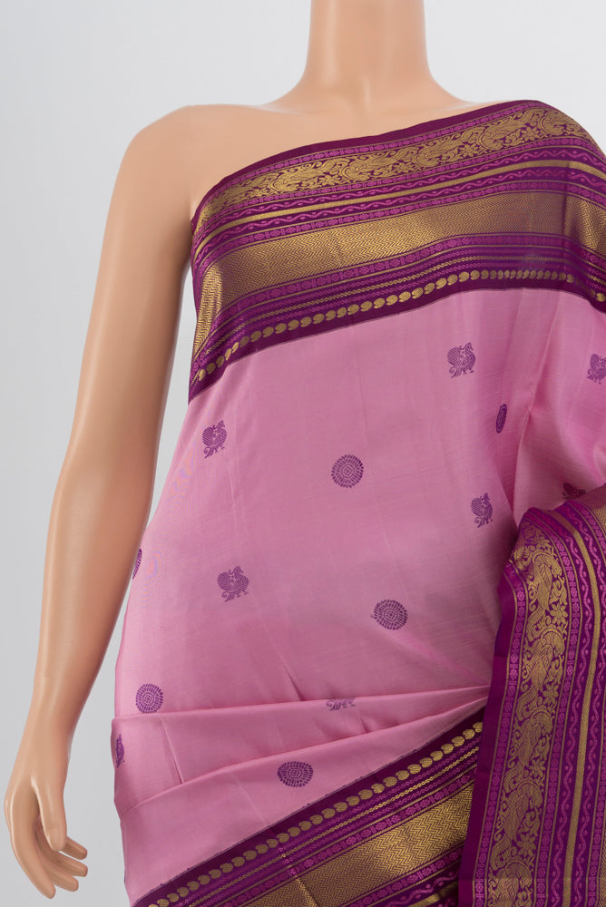 Border image of Rose pink Kanchipuram Silk Saree with Zari Butta on the body and Silk Border. 