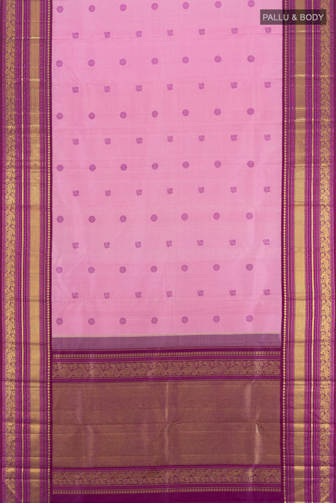 Flat view of Rose pink Kanchipuram Silk Saree with Zari Butta on the body and Silk Border. 