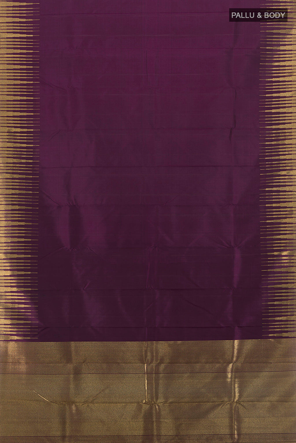 Flat view of Pure Silk Pure Zari Violet Kanchipuram Saree with Zari Butta on the body and Silk Border. 
