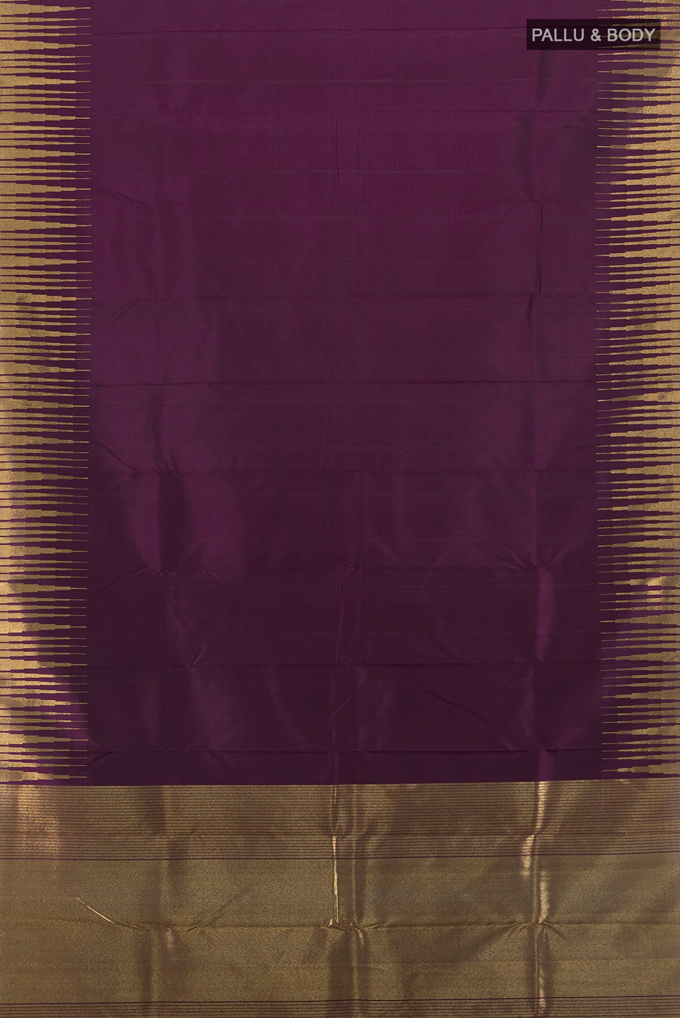 Flat view of Pure Silk Pure Zari Violet Kanchipuram Saree with Zari Butta on the body and Silk Border. 