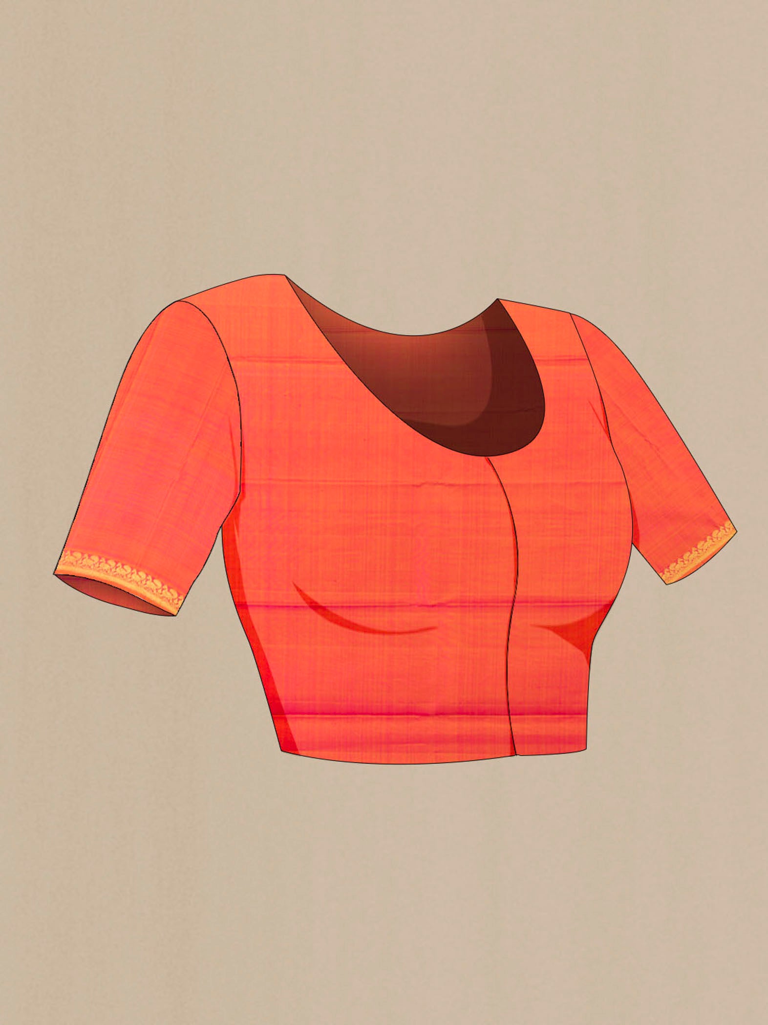 Close up image of the blouse of Orange Kanjivaram Silk Saree with Zari Butta on the body and Zari Border. 