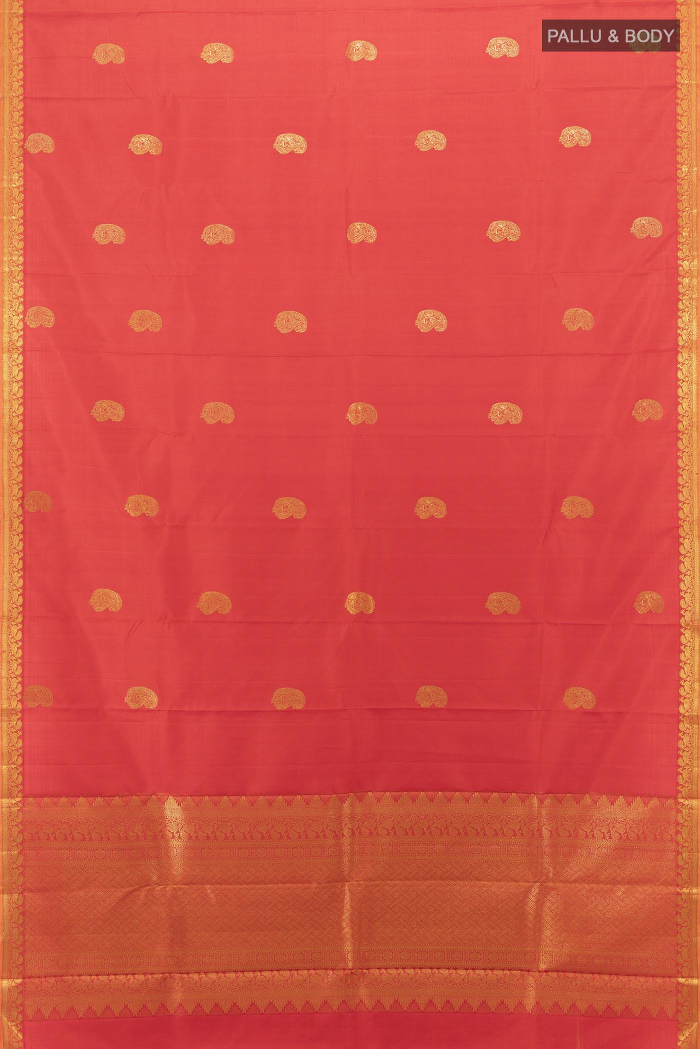 Flat view of Orange Kanjivaram Silk Saree with Zari Butta on the body and Zari Border. 