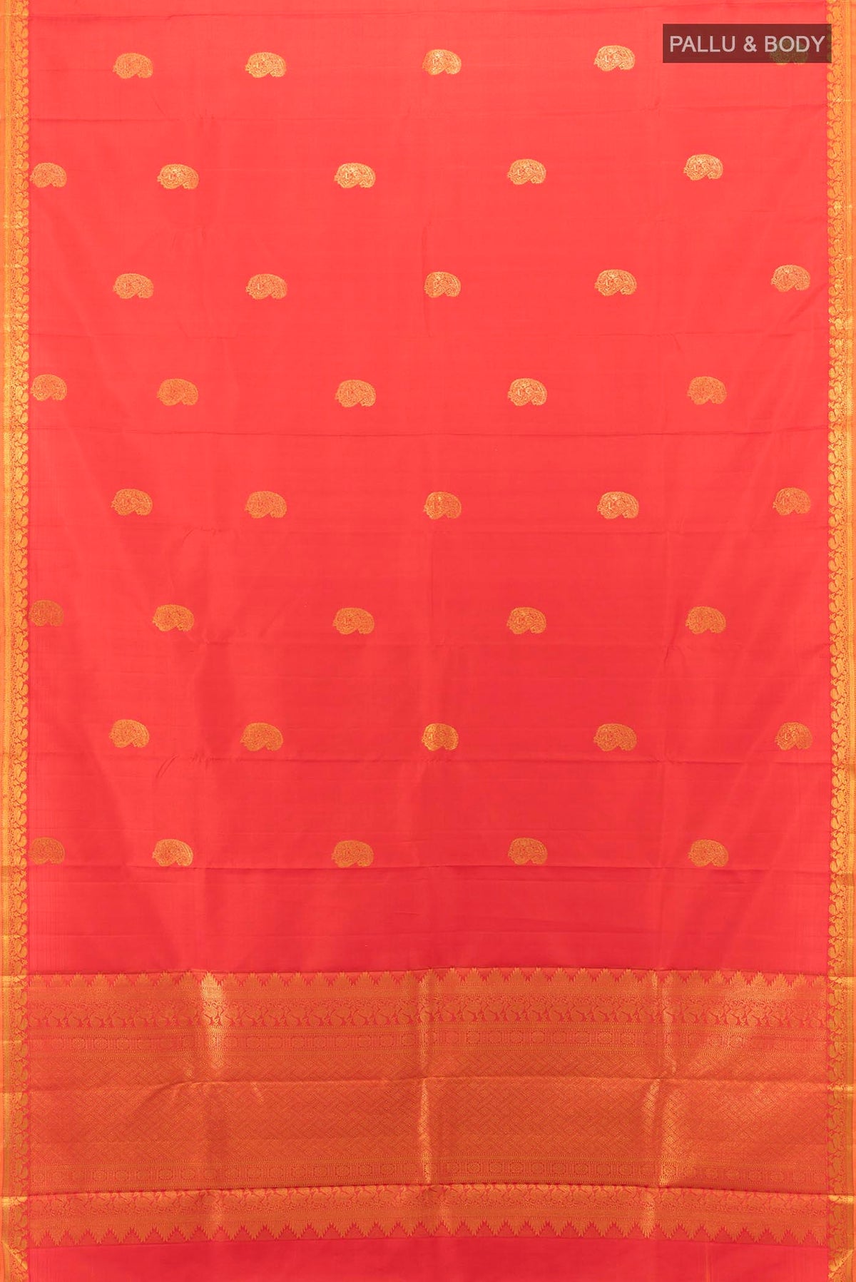Flat view of Orange Kanjivaram Silk Saree with Zari Butta on the body and Zari Border. 