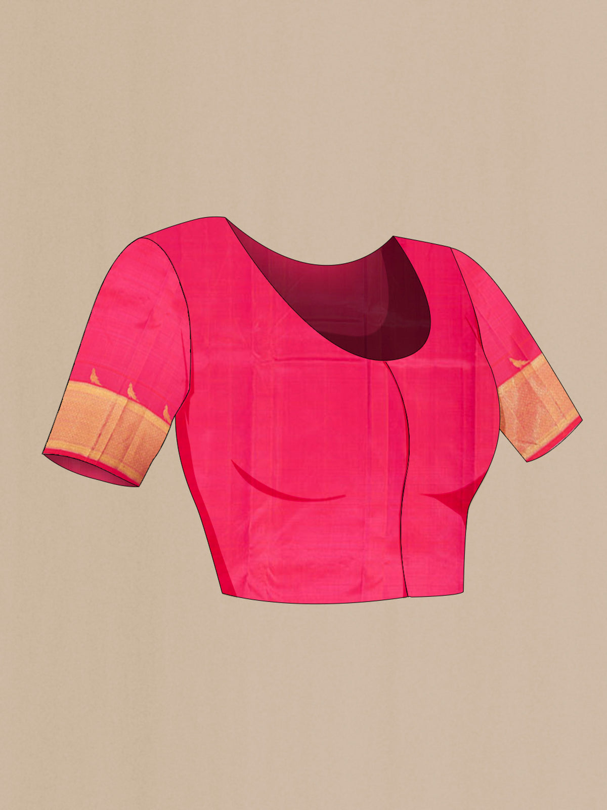 Close up image of the blouse of Imperial Pink Kanchipuram Silk Saree with Zari Butta on the body and Silk Border. 