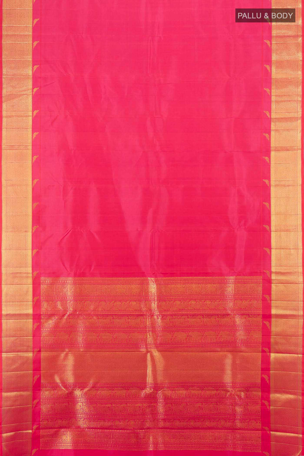 Flat view of Imperial Pink Kanchipuram Silk Saree with Zari Butta on the body and Silk Border. 