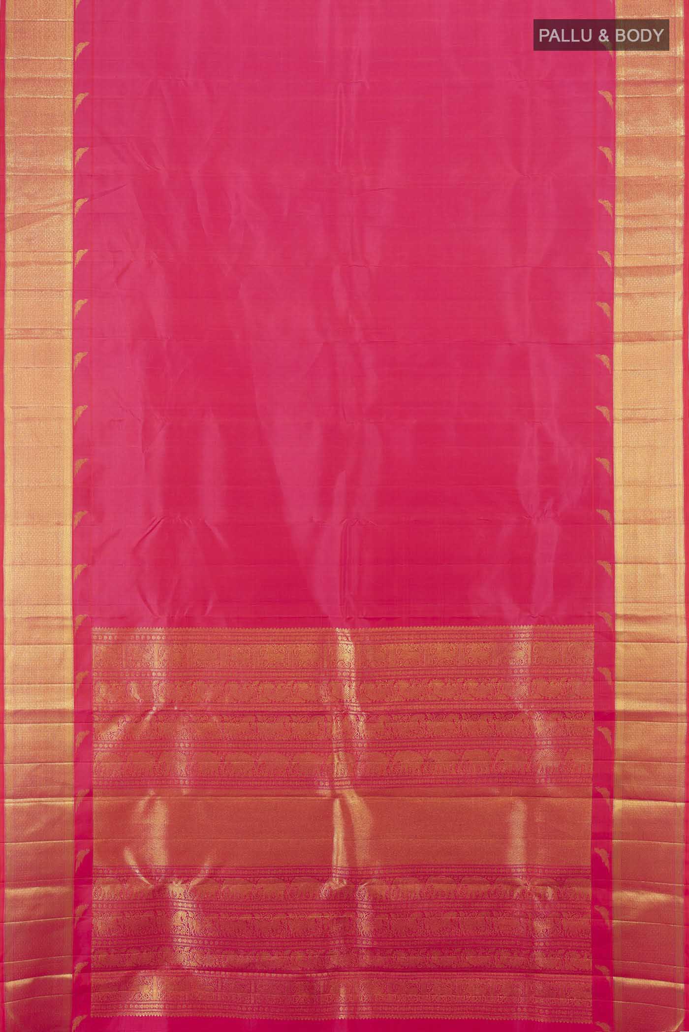 Flat view of Imperial Pink Kanchipuram Silk Saree with Zari Butta on the body and Silk Border. 