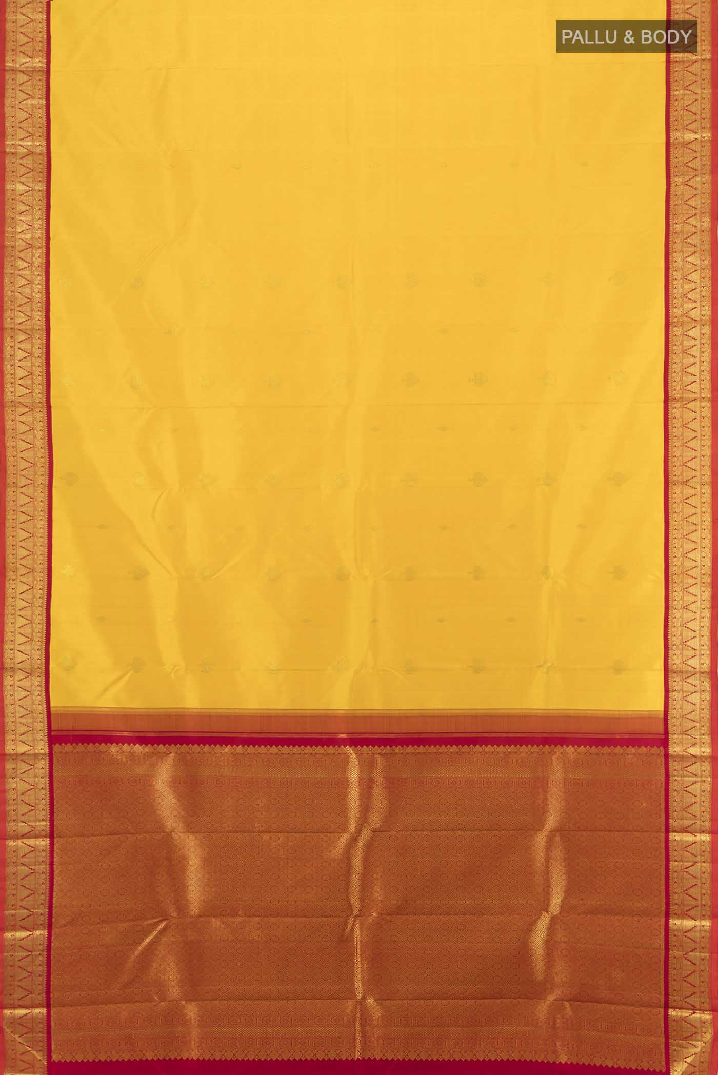 Flat view of Pure Silk Pure Zari Yellow Kanjivaram Saree with Zari Butta on the body and Silk Border. 