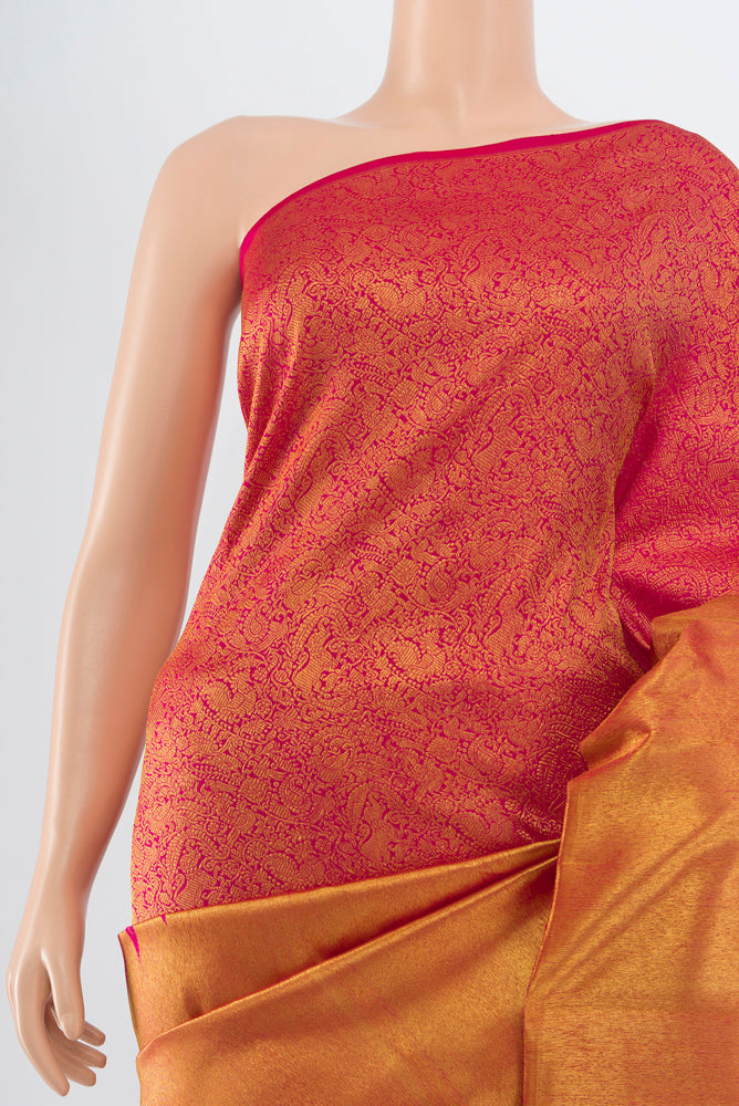Border image of Golden Kanchipuram Silk Saree with Zari Butta on the body and Silk Border. 