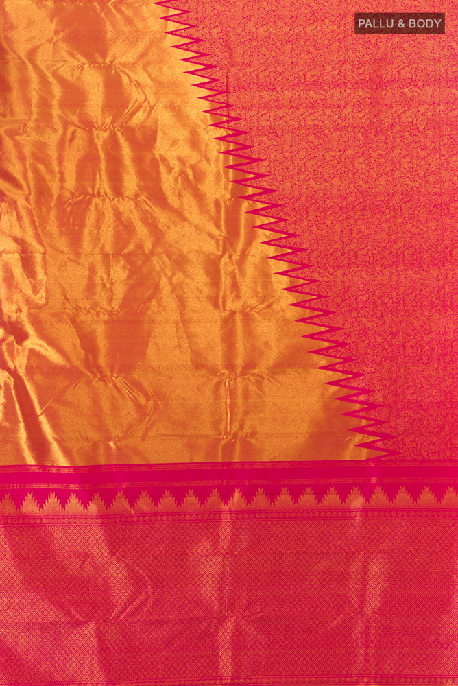 Flat view of Golden Kanchipuram Silk Saree with Zari Butta on the body and Silk Border. 