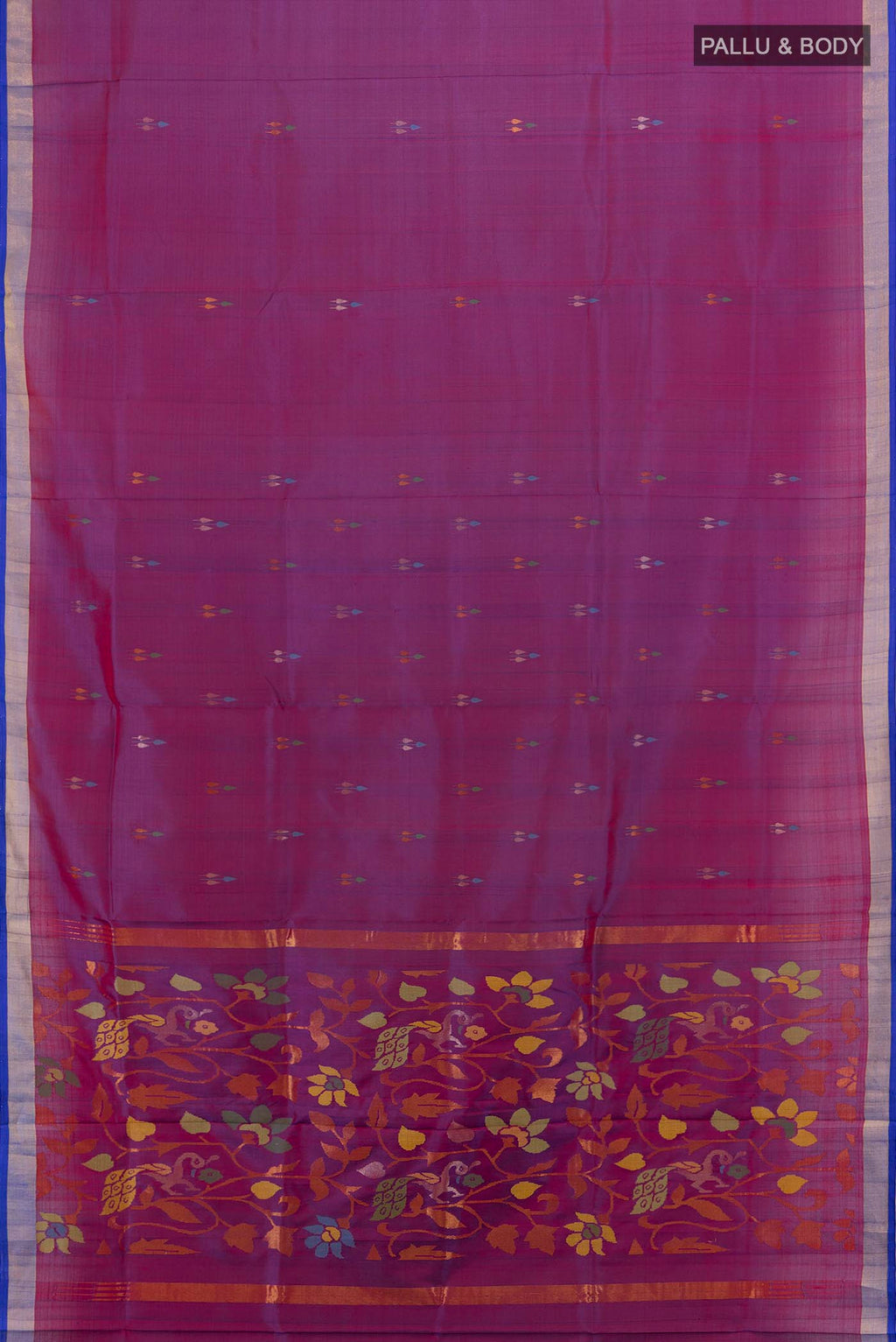 Flat view of Purple Uppada Silk Saree with Zari Butta on the body and Silk Border. 