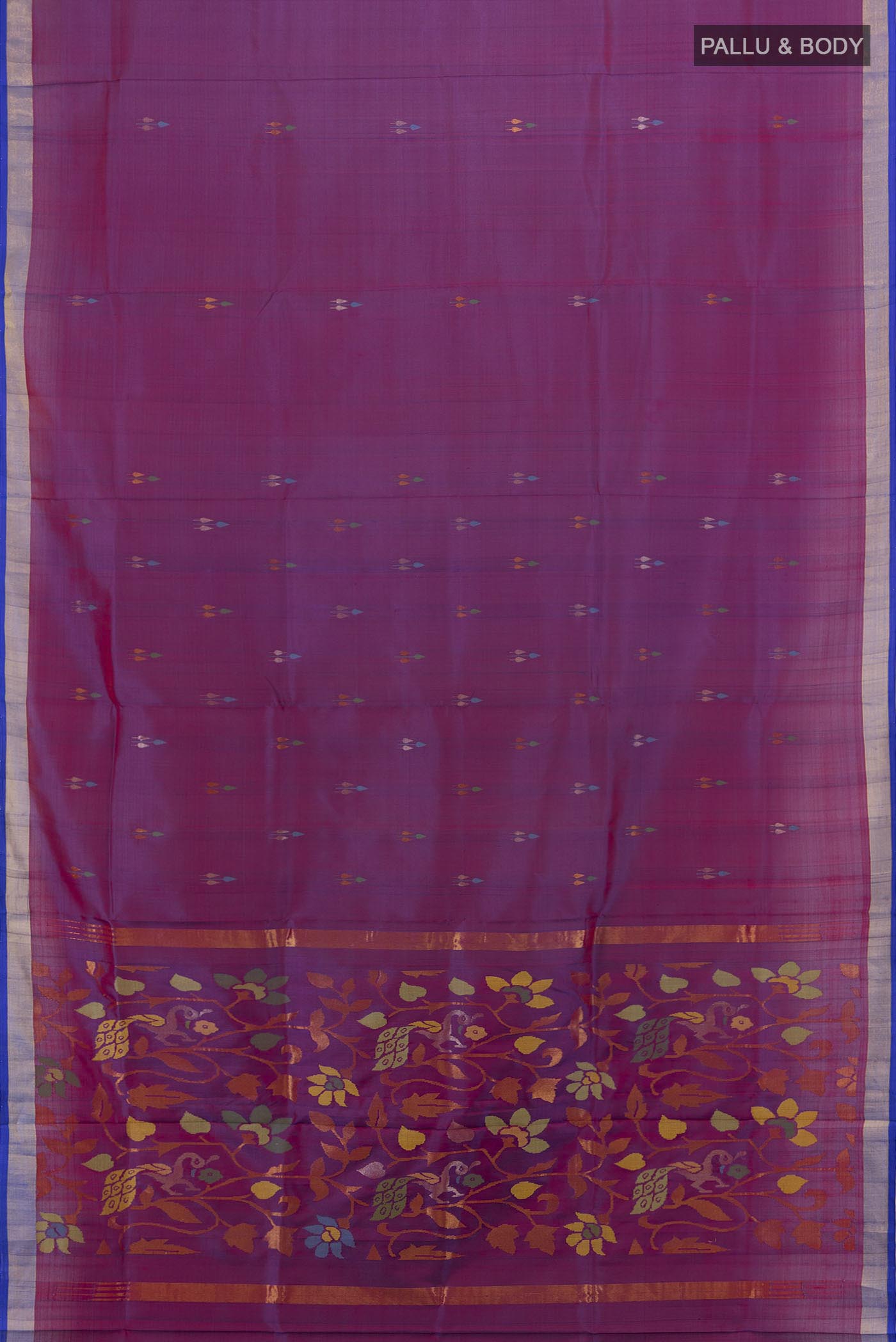 Flat view of Purple Uppada Silk Saree with Zari Butta on the body and Silk Border. 