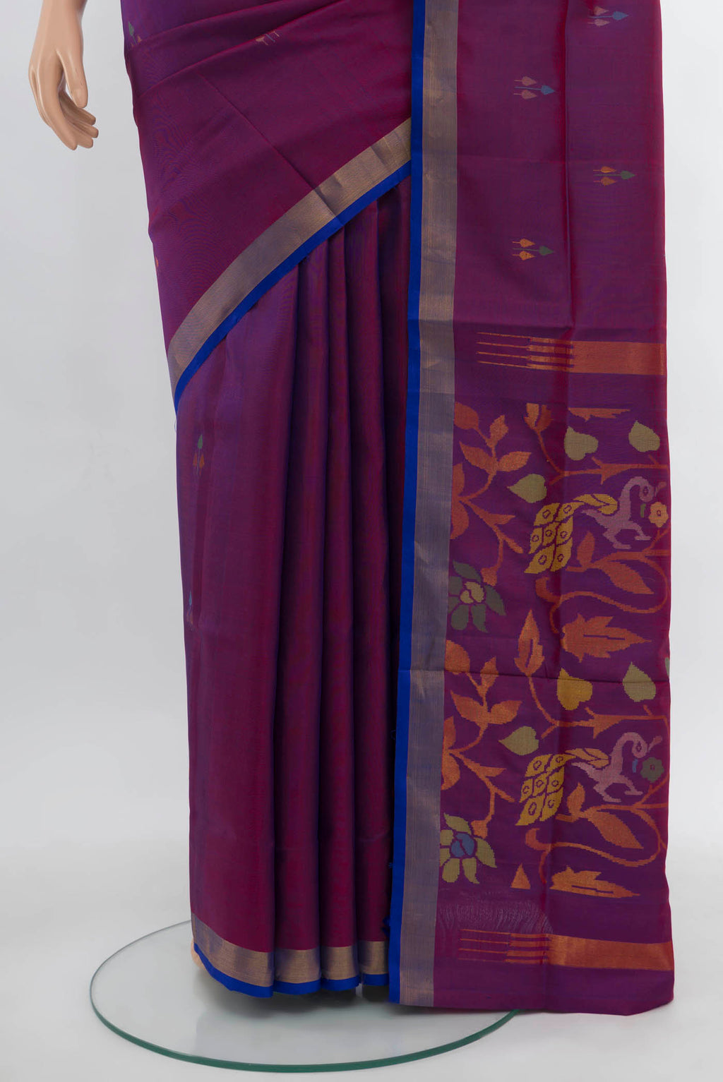 Pleats and pallu of Purple Uppada Silk Saree with Zari Butta on the body and Silk Border. 