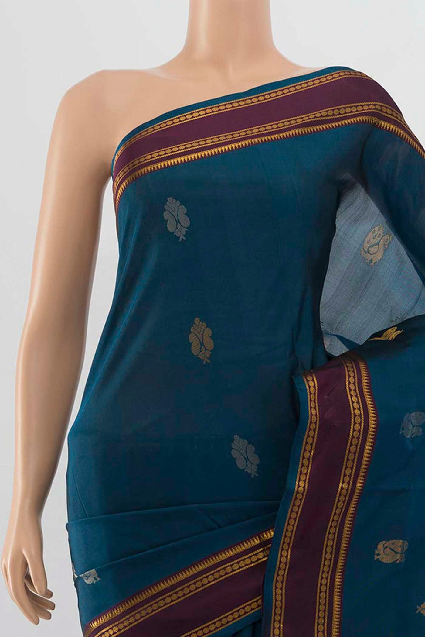 Border image of Peacock Blue Uppada Silk Saree with Zari Brocade on the body and Silk Border