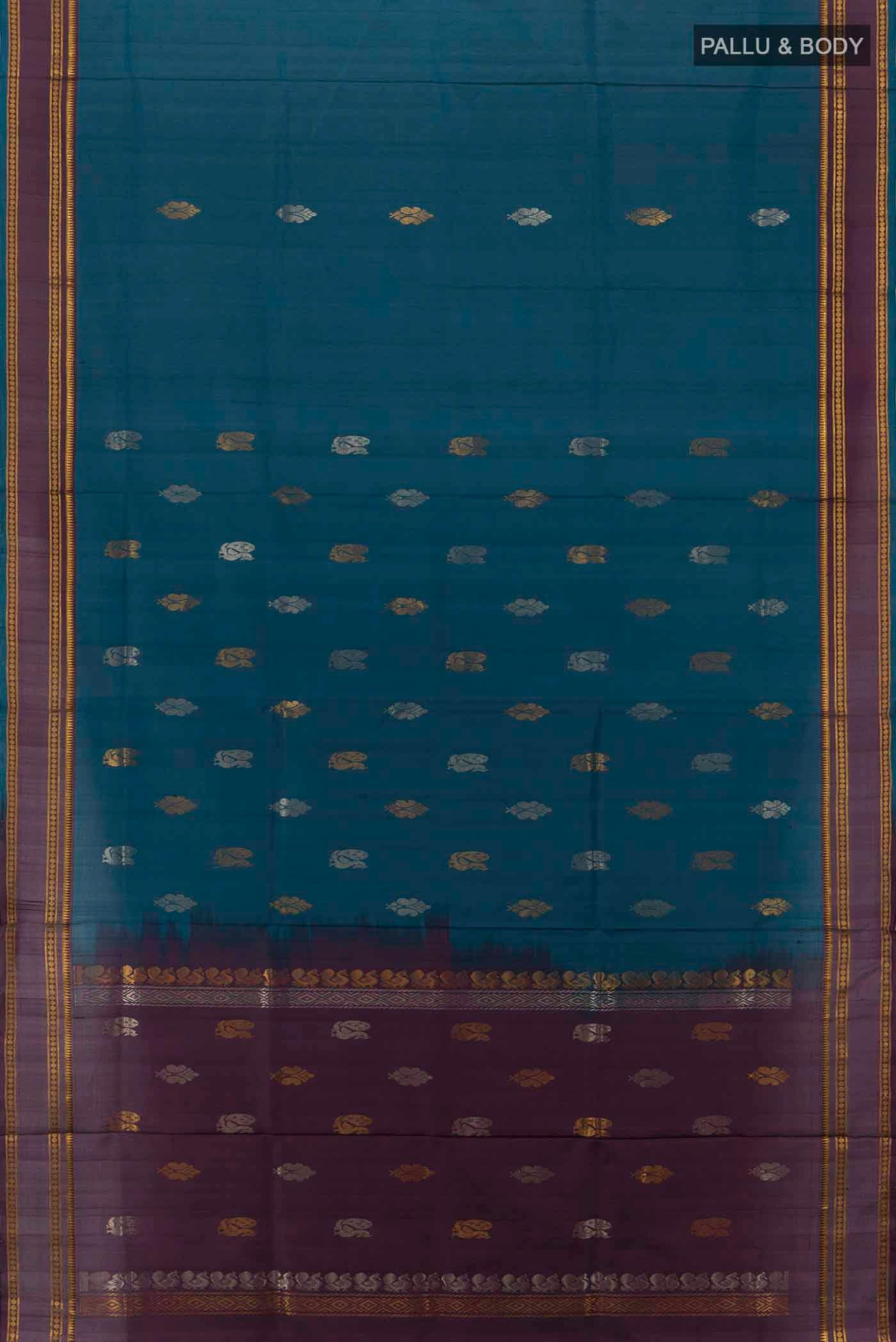 Flat view of Peacock Blue Uppada Silk Saree with Zari Brocade on the body and Silk Border