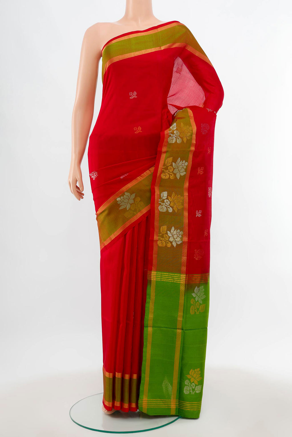 Maroon Uppada Silk Saree with Zari Butta on the body and Silk Border.  displayed on a mannequin