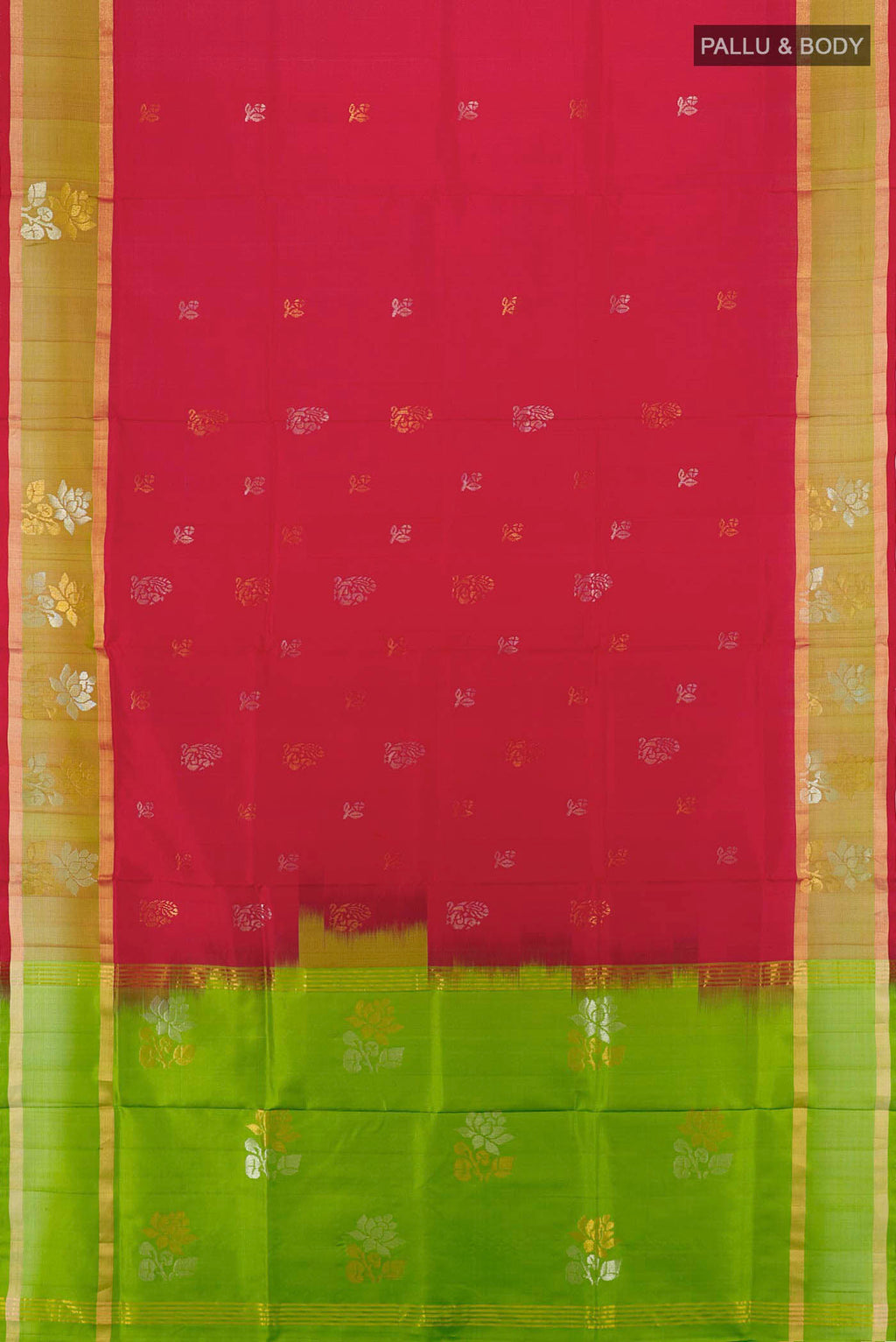 Flat view of Maroon Uppada Silk Saree with Zari Butta on the body and Silk Border. 