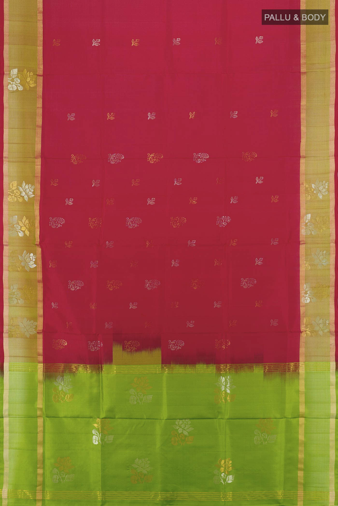 Flat view of Maroon Uppada Silk Saree with Zari Butta on the body and Silk Border. 